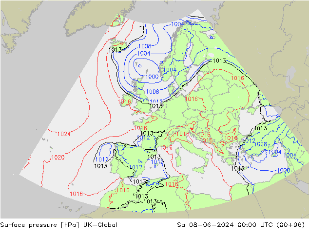 Surface pressure UK-Global Sa 08.06.2024 00 UTC