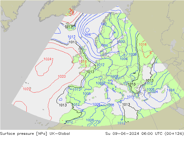 Surface pressure UK-Global Su 09.06.2024 06 UTC