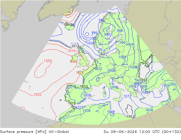 Presión superficial UK-Global dom 09.06.2024 12 UTC