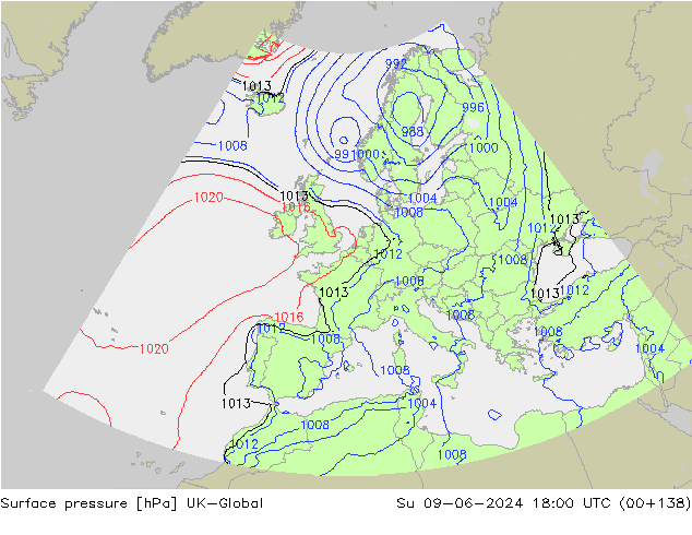 Pressione al suolo UK-Global dom 09.06.2024 18 UTC