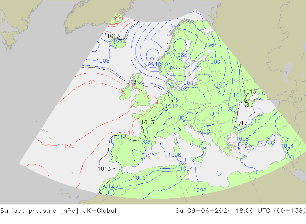 Surface pressure UK-Global Su 09.06.2024 18 UTC