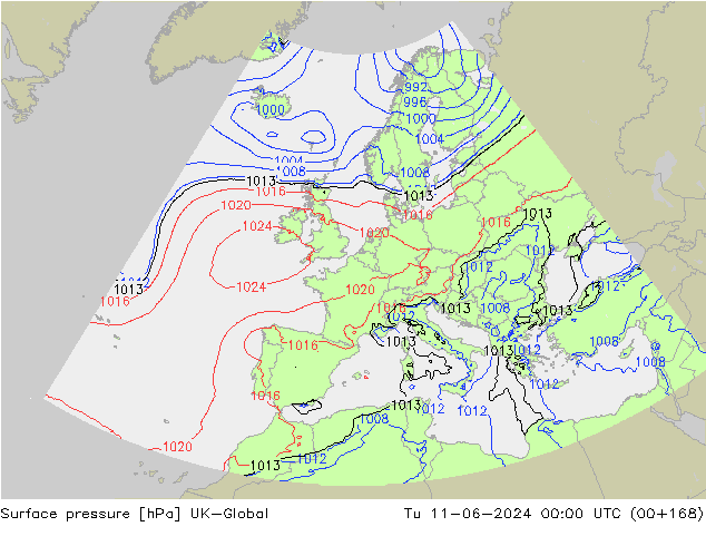 Surface pressure UK-Global Tu 11.06.2024 00 UTC