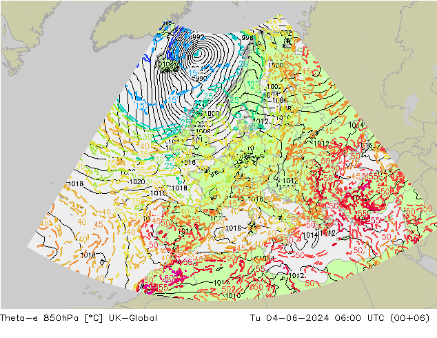 Theta-e 850hPa UK-Global Di 04.06.2024 06 UTC