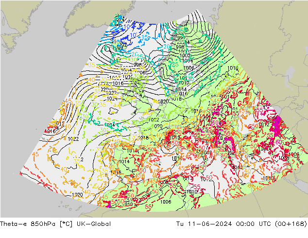 Theta-e 850hPa UK-Global wto. 11.06.2024 00 UTC
