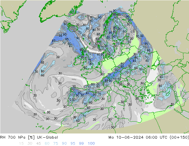 Humidité rel. 700 hPa UK-Global lun 10.06.2024 06 UTC