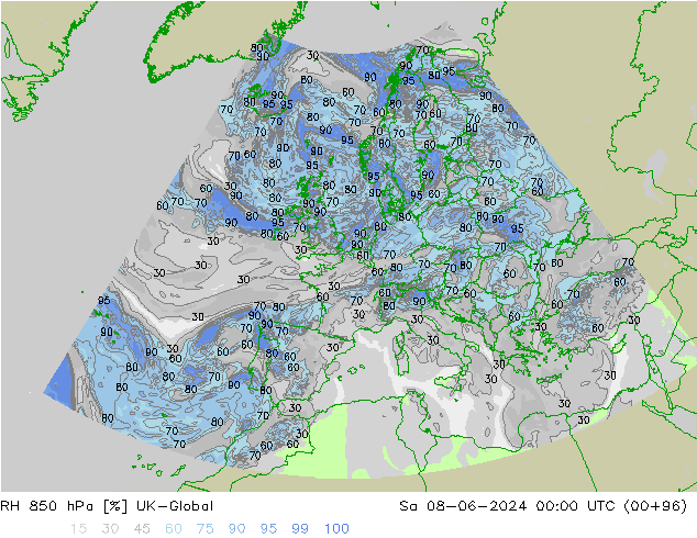RH 850 hPa UK-Global So 08.06.2024 00 UTC