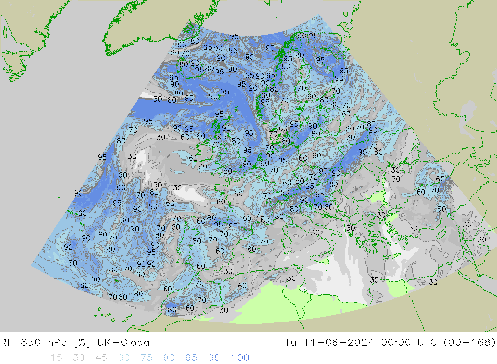 RH 850 hPa UK-Global mar 11.06.2024 00 UTC