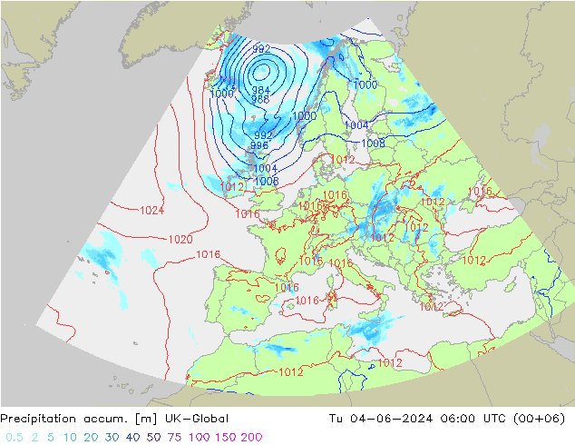 Precipitation accum. UK-Global 星期二 04.06.2024 06 UTC