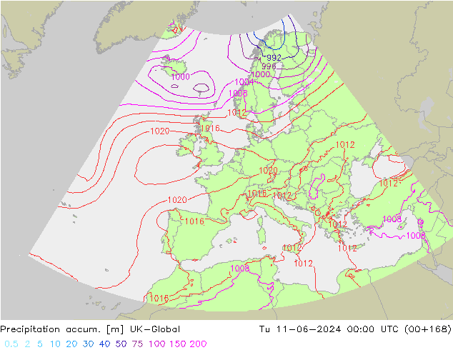 Precipitation accum. UK-Global Út 11.06.2024 00 UTC