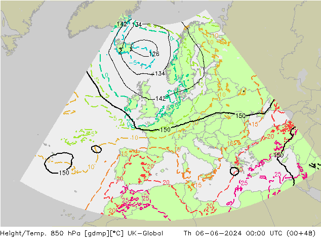 Height/Temp. 850 hPa UK-Global Th 06.06.2024 00 UTC