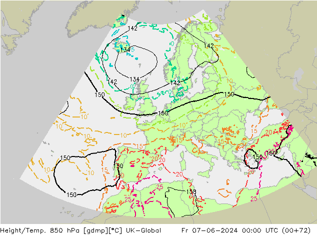 Hoogte/Temp. 850 hPa UK-Global vr 07.06.2024 00 UTC
