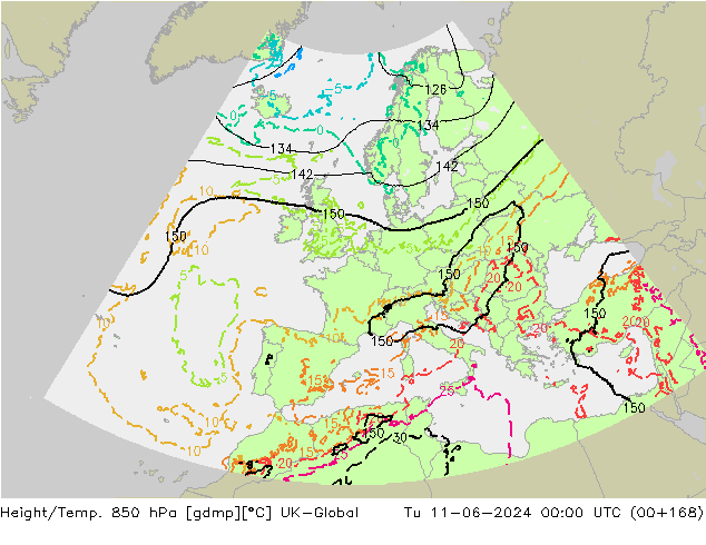Height/Temp. 850 hPa UK-Global Út 11.06.2024 00 UTC
