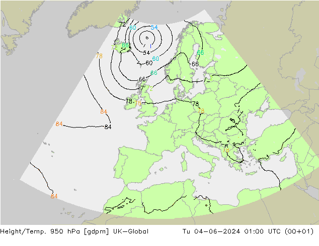 Height/Temp. 950 hPa UK-Global Tu 04.06.2024 01 UTC