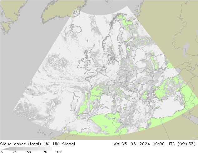 Bewolking (Totaal) UK-Global wo 05.06.2024 09 UTC