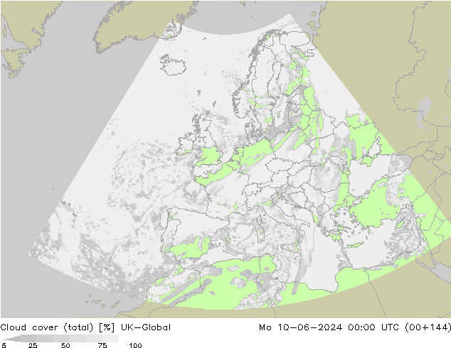 Cloud cover (total) UK-Global Po 10.06.2024 00 UTC