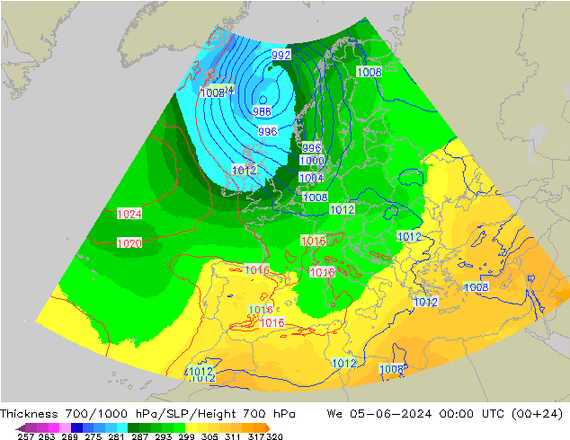 Espesor 700-1000 hPa UK-Global mié 05.06.2024 00 UTC