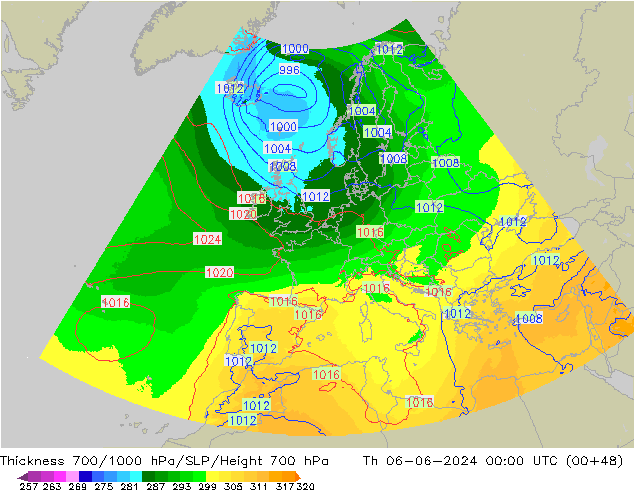 Thck 700-1000 hPa UK-Global Th 06.06.2024 00 UTC