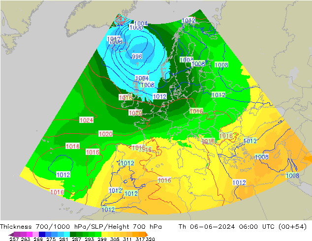 Thck 700-1000 hPa UK-Global Th 06.06.2024 06 UTC