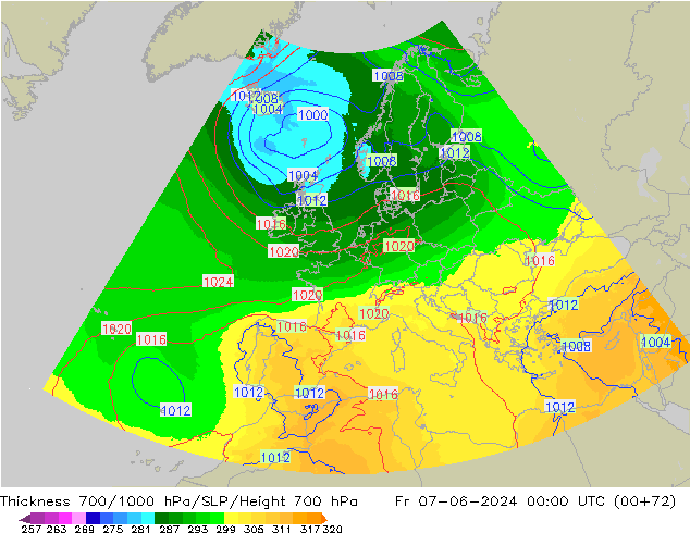 Thck 700-1000 hPa UK-Global Fr 07.06.2024 00 UTC