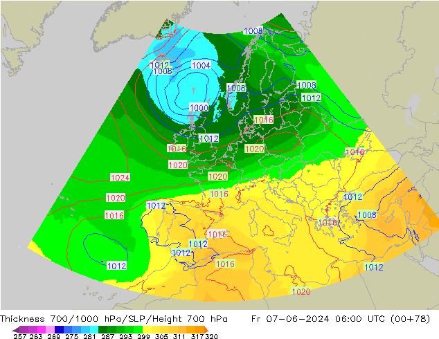 Thck 700-1000 hPa UK-Global  07.06.2024 06 UTC