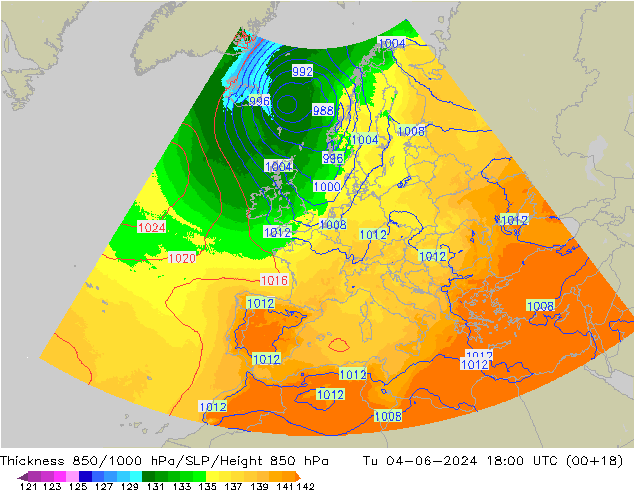 Thck 850-1000 гПа UK-Global вт 04.06.2024 18 UTC