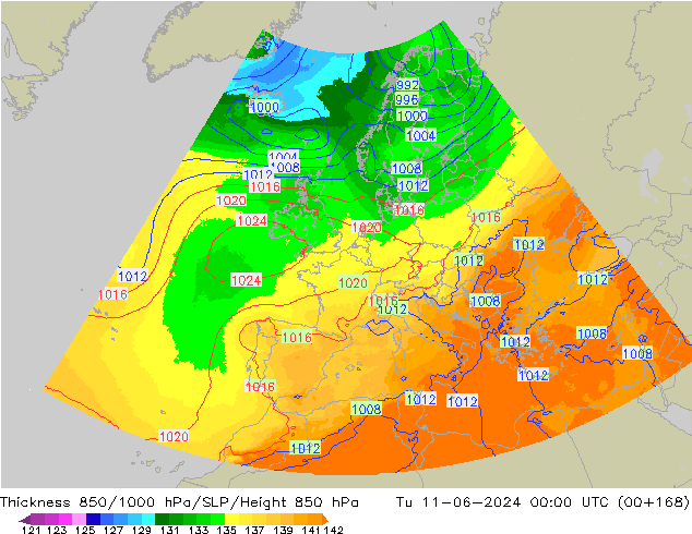 850-1000 hPa Kalınlığı UK-Global Sa 11.06.2024 00 UTC