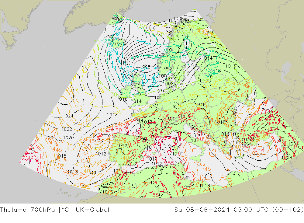 Theta-e 700hPa UK-Global sab 08.06.2024 06 UTC