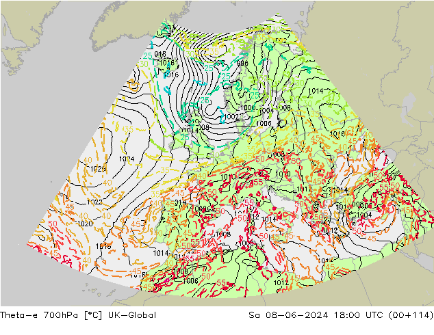 Theta-e 700hPa UK-Global Sáb 08.06.2024 18 UTC