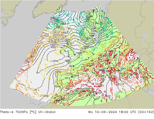 Theta-e 700hPa UK-Global ma 10.06.2024 18 UTC