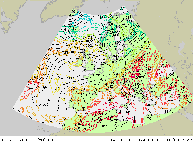 Theta-e 700hPa UK-Global Di 11.06.2024 00 UTC