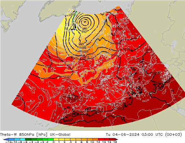 Theta-W 850гПа UK-Global вт 04.06.2024 03 UTC