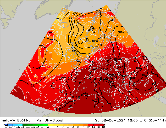 Theta-W 850hPa UK-Global sam 08.06.2024 18 UTC