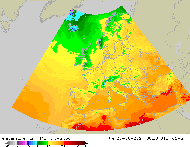 Temperaturkarte (2m) UK-Global Mi 05.06.2024 00 UTC