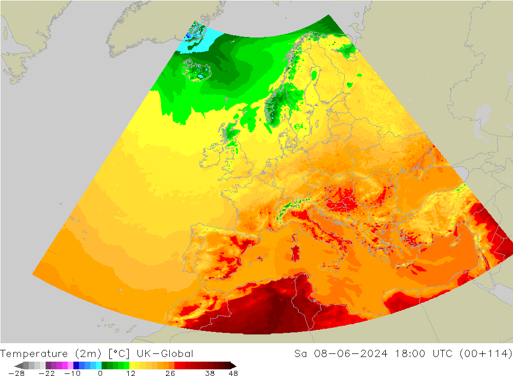 Temperatura (2m) UK-Global sáb 08.06.2024 18 UTC
