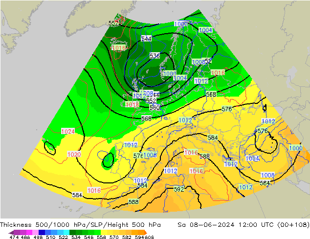 Espesor 500-1000 hPa UK-Global sáb 08.06.2024 12 UTC
