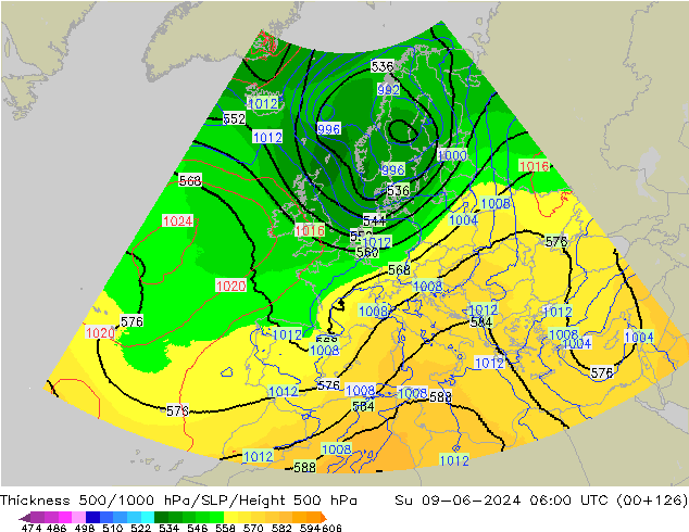 Thck 500-1000гПа UK-Global Вс 09.06.2024 06 UTC