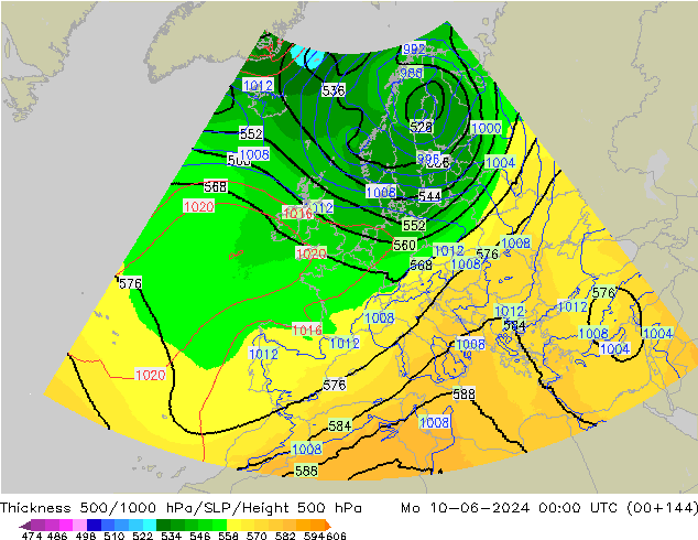 Espesor 500-1000 hPa UK-Global lun 10.06.2024 00 UTC