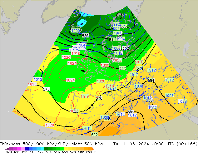 Espesor 500-1000 hPa UK-Global mar 11.06.2024 00 UTC