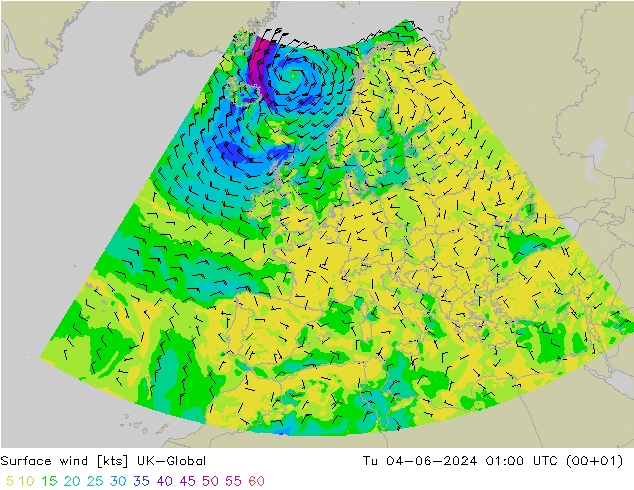 Viento 10 m UK-Global mar 04.06.2024 01 UTC