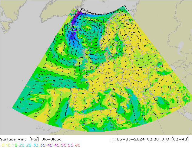 Vento 10 m UK-Global Qui 06.06.2024 00 UTC