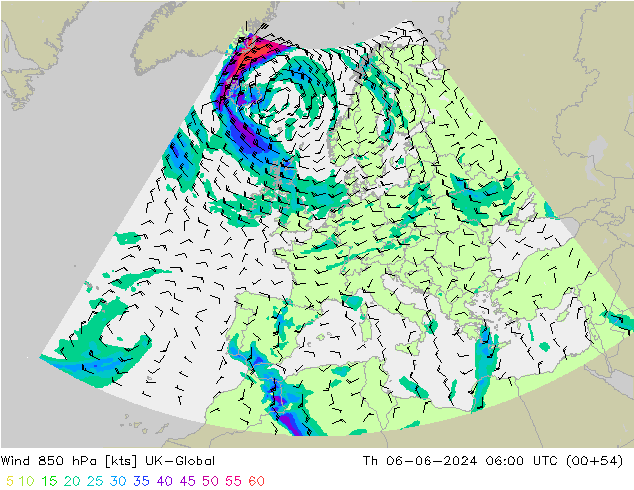 Wind 850 hPa UK-Global Do 06.06.2024 06 UTC