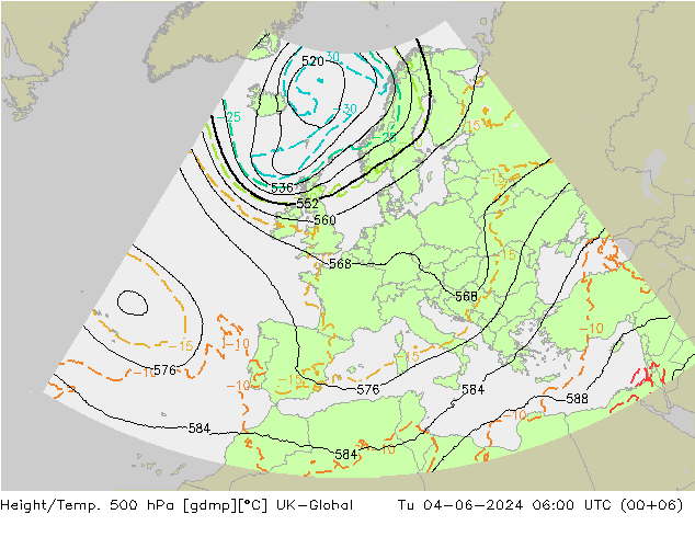 Height/Temp. 500 hPa UK-Global 星期二 04.06.2024 06 UTC