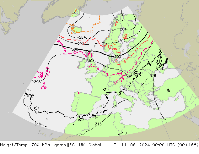 Height/Temp. 700 hPa UK-Global Út 11.06.2024 00 UTC