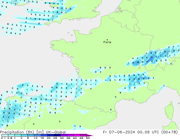 Precipitação (6h) UK-Global Sex 07.06.2024 06 UTC