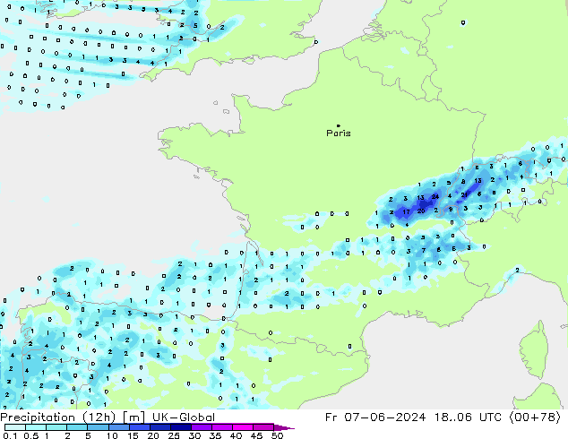 Precipitation (12h) UK-Global Fr 07.06.2024 06 UTC