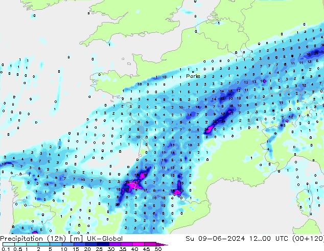 Precipitação (12h) UK-Global Dom 09.06.2024 00 UTC