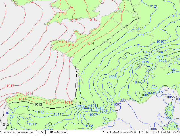 Atmosférický tlak UK-Global Ne 09.06.2024 12 UTC