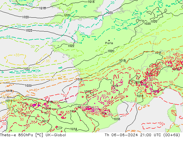 Theta-e 850hPa UK-Global Th 06.06.2024 21 UTC