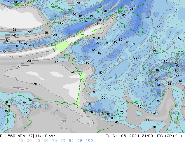 Humidité rel. 850 hPa UK-Global mar 04.06.2024 21 UTC