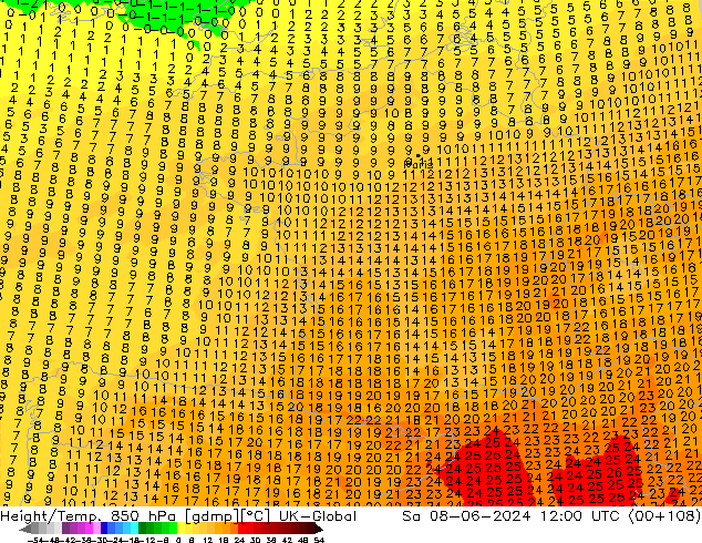 Geop./Temp. 850 hPa UK-Global sáb 08.06.2024 12 UTC